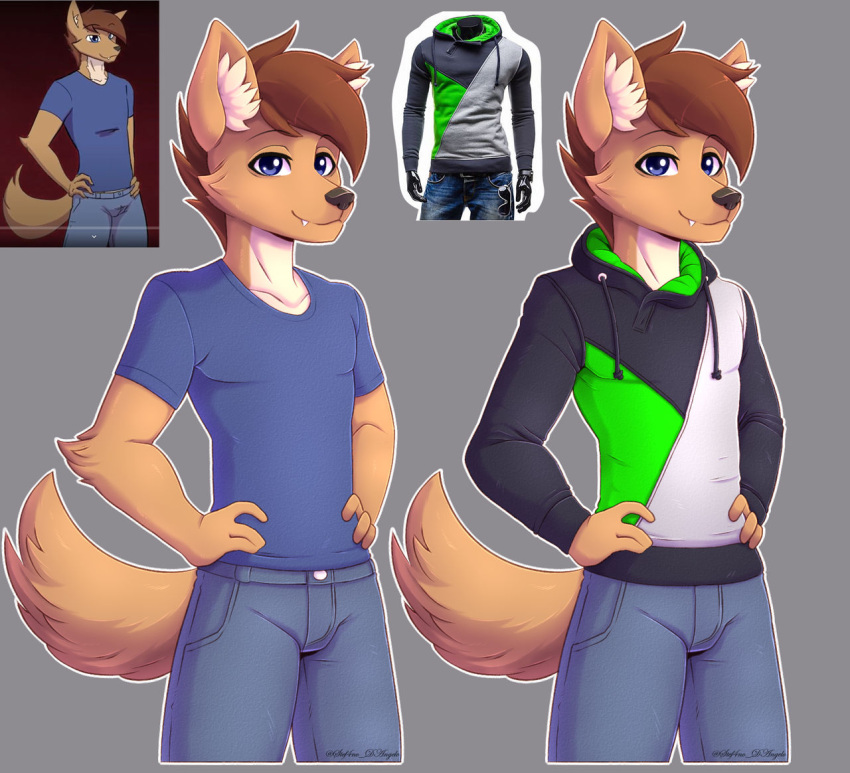 anthro blue_eyes book_of_lust brown_body brown_hair canid canine canis clothed clothing fully_clothed grey_background hair jake_hart kanashiipanda looking_at_viewer male male/male mammal simple_background solo standing stefano_d'angelo teeth wolf