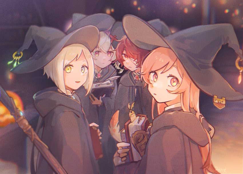 2boys 2girls black_headwear black_robe blue_eyes blurry blurry_background book bookmark commentary feathers flower_(vocaloid) flower_(vocaloid4) from_side fukase green_eyes halloween hat heterochromia highres holding holding_book hooded_robe jack-o'-lantern long_hair looking_at_viewer looking_to_the_side mi_no_take multicolored_hair multiple_boys multiple_girls night parted_lips pink_hair purple_hair red_eyes red_hair robe sf-a2_miki staff streaked_hair symbol-only_commentary utatane_piko vocaloid white_hair witch witch_hat yellow_eyes