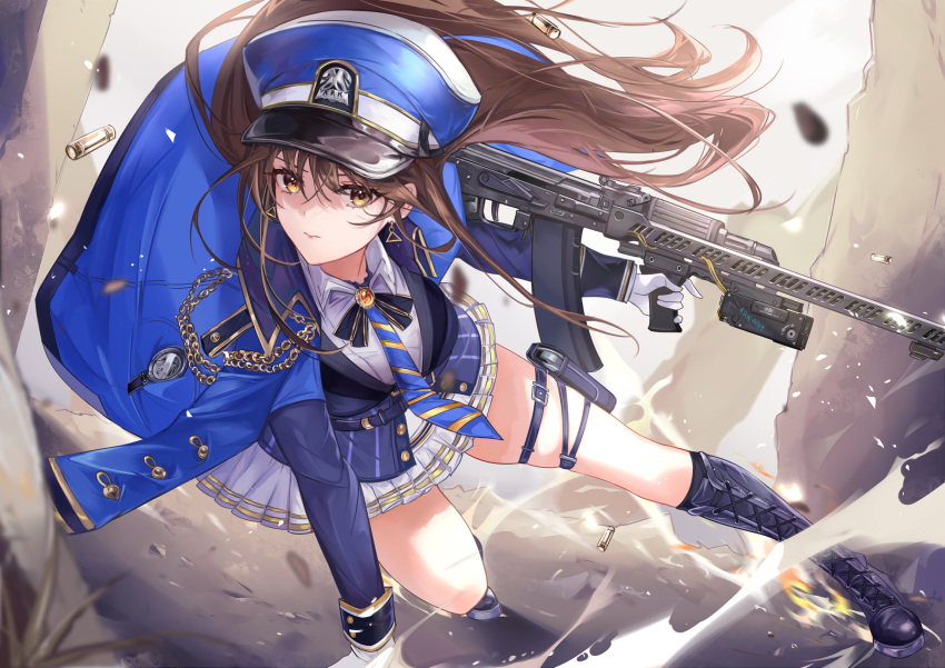 1girl bangs belt black_belt blue_necktie boots breasts coat coat_on_shoulders collared_shirt diesel_(nikke) full_body gloves goddess_of_victory:_nikke gun hat highres holding holding_gun holding_weapon military military_hat military_uniform necktie shirt solo thigh_pouch uniform vardan weapon white_gloves yellow_eyes