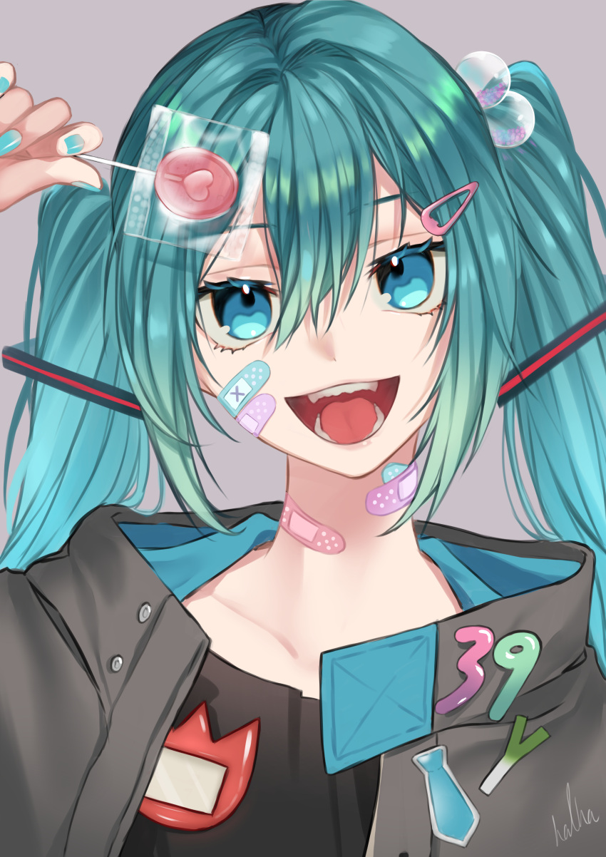 1girl absurdres aqua_eyes aqua_hair aqua_nails bandaid bandaid_on_cheek bandaid_on_face bandaid_on_neck bangs beads black_jacket black_shirt blue_hair candy commentary_request food gradient_hair green_hair hair_beads hair_between_eyes hair_ornament hairclip halha_20 halterneck hatsune_miku head_tilt highres holding holding_candy holding_food holding_lollipop hood hood_down hooded_jacket jacket lollipop long_hair looking_at_viewer lower_teeth multicolored_hair nail_polish necktie numbers'_uniform open_mouth parted_bangs shiny shiny_hair shirt sidelocks signature simple_background smile solo spring_onion teeth tongue twintails upper_teeth very_long_hair vocaloid white_background