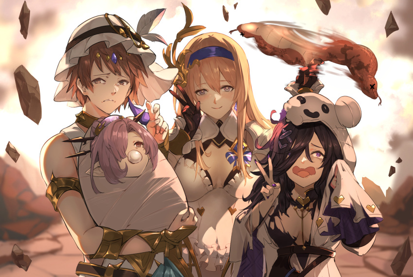 1boy 3girls baby black_hair blonde_hair blue_hairband bound breasts brown_hair cleavage double_v dress enyo_(granblue_fantasy) fingernails gloves gran_(granblue_fantasy) granblue_fantasy hair_over_one_eye hairband hat highres holding hood lich_(granblue_fantasy) looking_at_viewer multiple_girls narmaya_(granblue_fantasy) nos pacifier post_guild_war_celebration purple_hair sharp_fingernails smile spinning tied_up_(nonsexual) torn_clothes tsuchinoko v