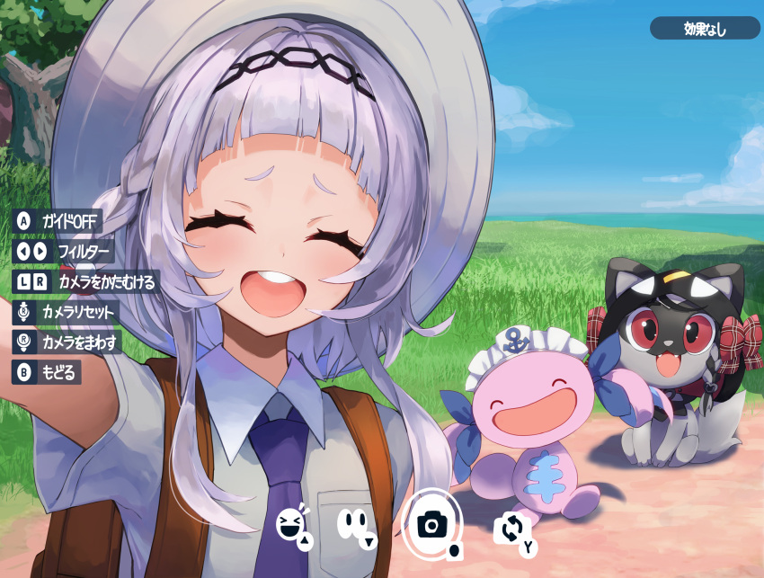 1girl animalization backpack bag bangs blue_necktie blunt_bangs closed_eyes cosplay fake_screenshot gameplay_mechanics grey_hair hat highres hololive konkito long_hair minato_aqua murasaki_shion necktie open_mouth pokemon pokemon_(game) pokemon_sv sakamata_chloe school_uniform selfie short_eyebrows short_sleeves sidelocks smile sprigatito viewfinder virtual_youtuber wooper