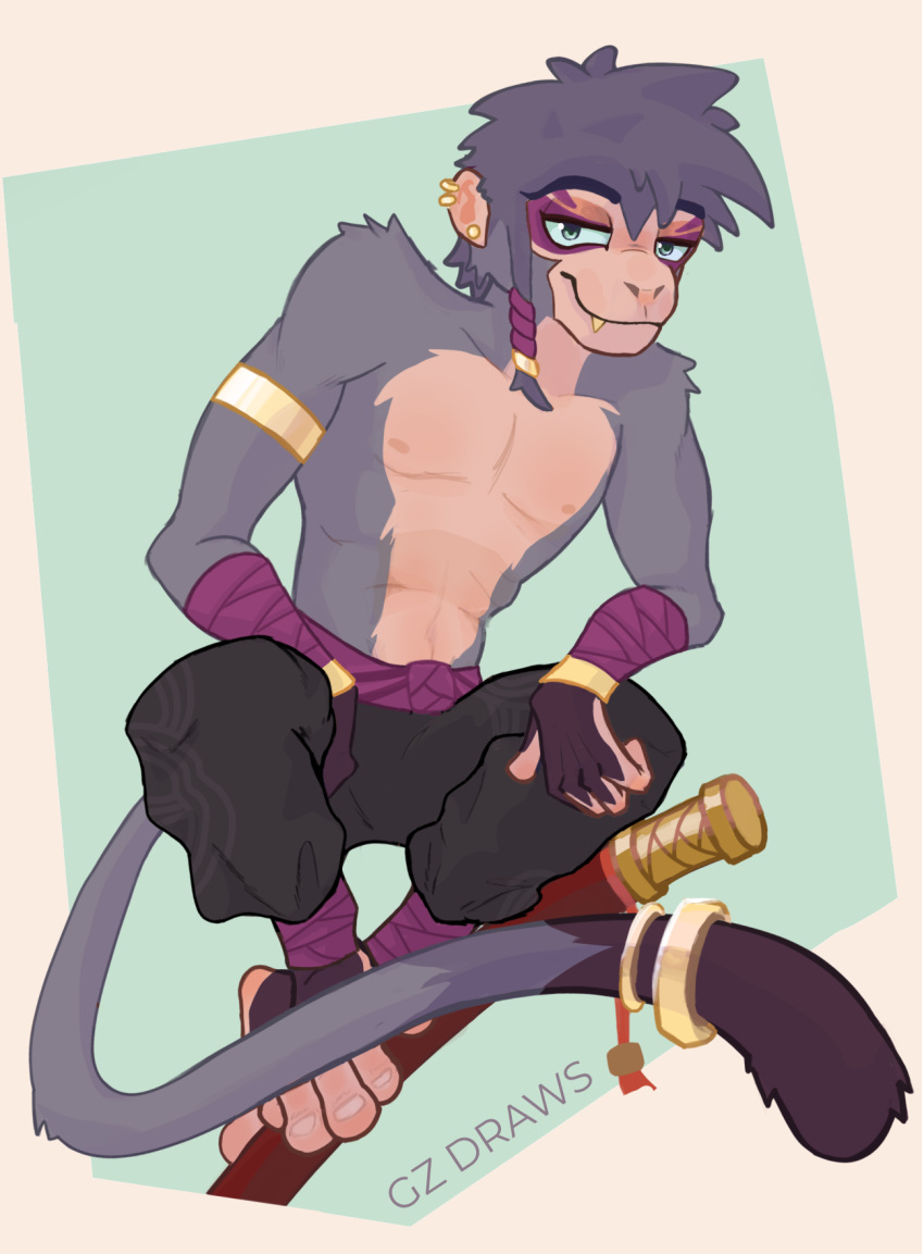 accessory ear_piercing furgonomics green_eyes gz_draws haplorhine hi_res humanoid jason_(gzdraws) male mammal monkey oriental piercing primate shirtless skinny solo tail_accessory weapon wukong