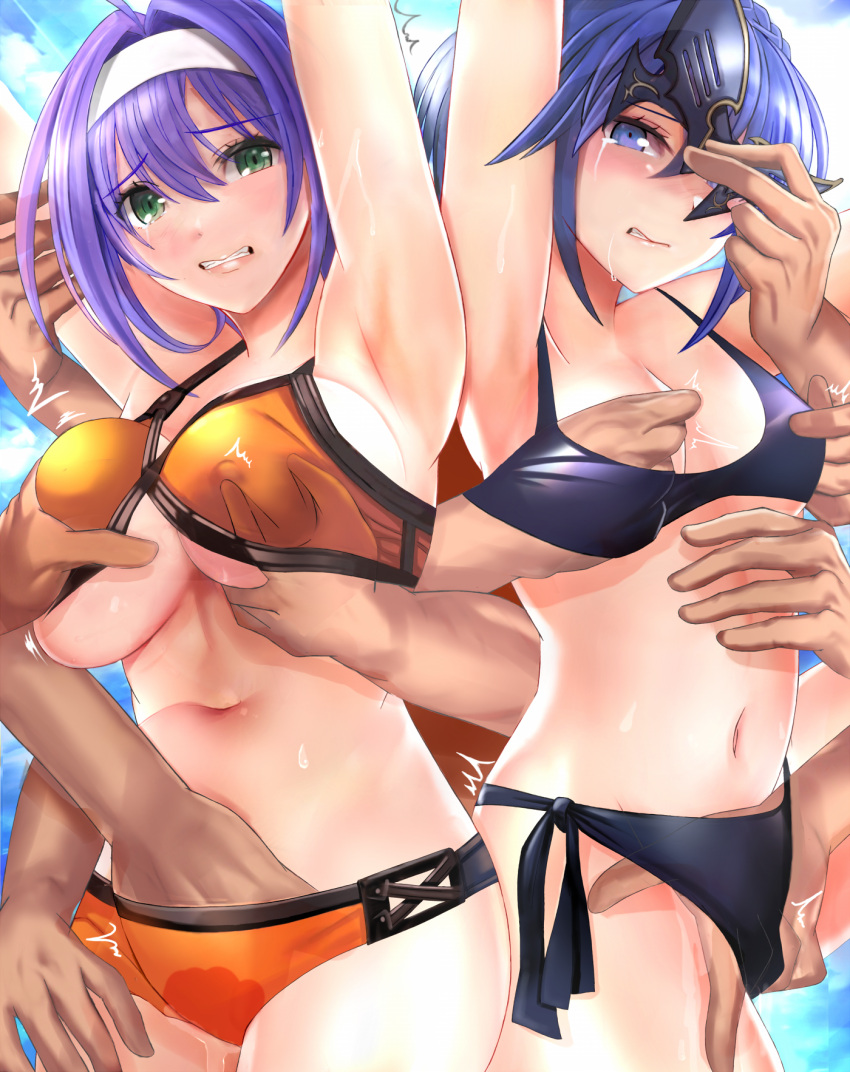 2girls 6+boys armpits arms_up ass_grab bikini black_bikini blue_eyes blue_hair breast_grab breasts clenched_teeth disguise fingering fingering_through_clothes fire_emblem fire_emblem:_radiant_dawn fire_emblem_awakening fire_emblem_heroes grabbing grabbing_another's_ass grabbing_from_behind green_eyes groping hairband hand_under_clothes headband highres holding holding_mask long_hair lucina_(fire_emblem) marth_(fire_emblem_awakening) mask medium_breasts mia_(fire_emblem) molestation multiple_boys multiple_girls navel nipple_tweak official_alternate_costume orange_bikini purple_hair pussy_juice rape removing_mask small_breasts spoilers swimsuit tears teeth through_clothes tongari white_hairband white_headband