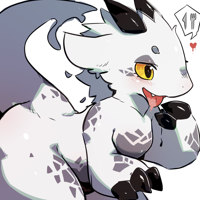 &lt;3 2022 2_horns 3_fingers absurd_res ambiguous_gender anthro biped black_claws black_horn blush claws cute_fangs cutlery digital_media_(artwork) dragon eyebrows fingers fork grey_body grey_eyebrows grey_skin hi_res horn kemono kitchen_utensils knife kyameta lidded_eyes multicolored_body multicolored_skin nude open_mouth pink_tongue raised_hand raised_tail simple_background smile solo speech_bubble teal_skin thick_thighs tongue tongue_out tools white_background white_body white_skin yellow_eyes