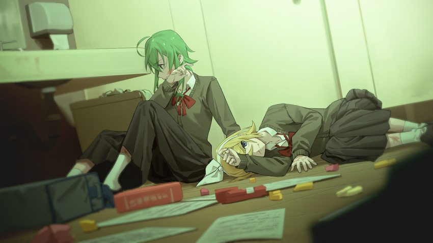 bag bathroom black_skirt blonde_hair blood blood_on_face blood_on_leg blue_eyes bow bow_hairband cardigan commentary deep_wound green_eyes green_hair grey_cardigan gumi hair_bow hairband highres indoors injury kagamine_rin long_skirt lying medium_hair neck_ribbon on_side paper paper_towel pleated_skirt red_ribbon ribbon school_uniform short_hair sidelocks sitting skirt vocaloid white_bow wiping_face wounds404