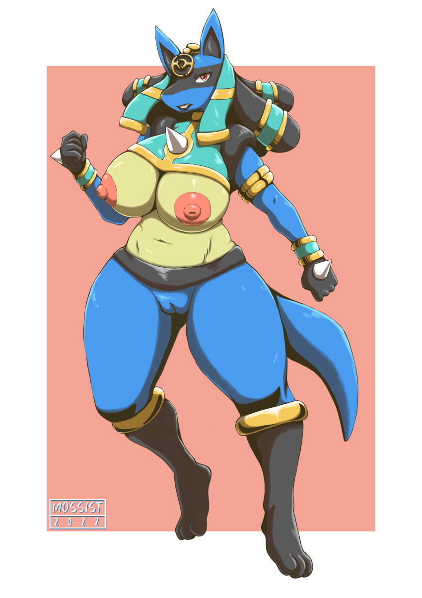 2022 absurd_res anthro areola big_breasts breasts canid cleft_of_venus female generation_4_pokemon genitals hi_res holowear_(pokemon) huge_breasts lucario mammal mossist nintendo nipples peach_pussy pink_areola pink_nipples pokemon pokemon_(species) pokemon_unite pussy ruins_style_lucario solo video_games