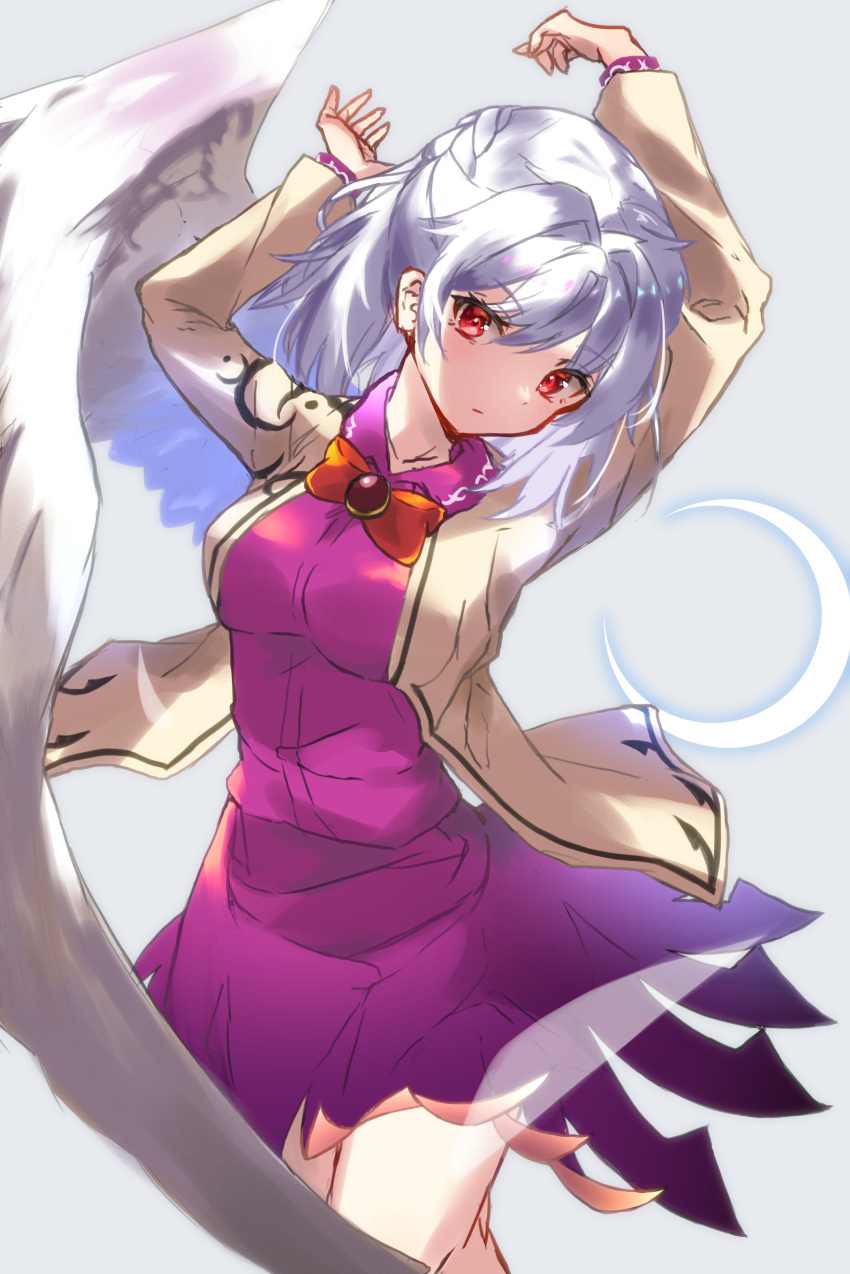 1girl absurdres bow bowtie braid closed_mouth dress french_braid grey_hair highres jacket kishin_sagume long_sleeves looking_at_viewer purple_dress red_bow red_bowtie red_eyes short_hair simple_background single_wing solo sorusugar0141 standing touhou white_background white_jacket white_wings wings