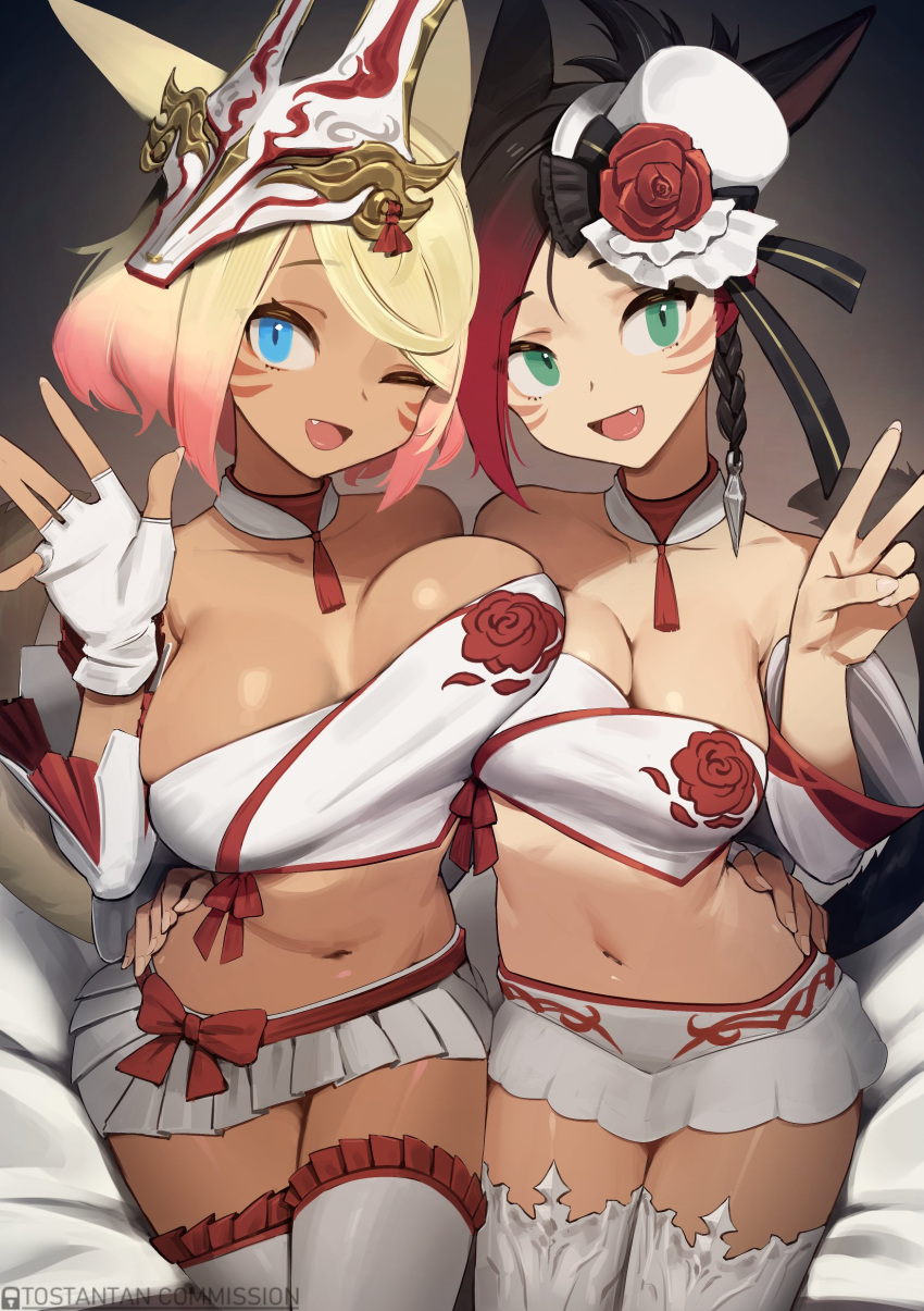 2girls absurdres animal_ears avatar_(ff14) black_hair blonde_hair blue_eyes braid breasts cat_ears cat_girl cat_tail cleavage detached_sleeves facial_mark fang final_fantasy final_fantasy_xiv fingerless_gloves gloves green_eyes hat highres large_breasts long_sleeves marie_makise mask mask_on_head mini_hat mini_top_hat miqo'te multiple_girls navel one_eye_closed open_mouth pink_hair pleated_skirt red_hair short_hair sitting skirt smile tail thighhighs tongue top_hat tostantan v whisker_markings white_gloves white_headwear white_skirt white_thighhighs wide_sleeves