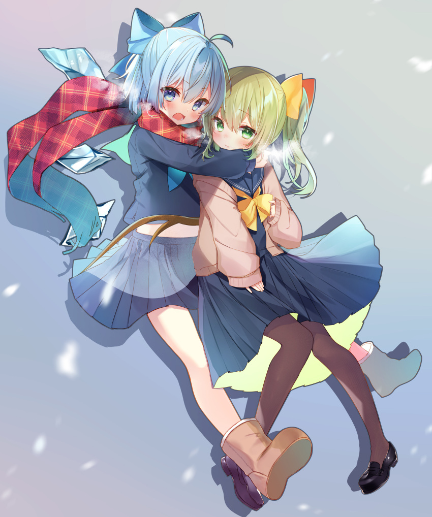 2girls absurdres ahoge arms_around_neck black_footwear black_pantyhose blue_bow blue_eyes blue_hair blue_shirt blue_skirt blush boots bow bowtie cardigan cirno closed_mouth commentary commission daiyousei detached_wings fang full_body green_eyes green_hair hair_between_eyes hair_bow highres hug ice ice_wings loafers long_sleeves looking_at_viewer lower_teeth medium_hair multiple_girls natsuki_(ukiwakudasai) open_mouth pantyhose pleated_skirt ponytail red_scarf scarf second-party_source shirt shoes skeb_commission skin_fang skirt teeth touhou white_cardigan wings yellow_bow yellow_bowtie yellow_footwear