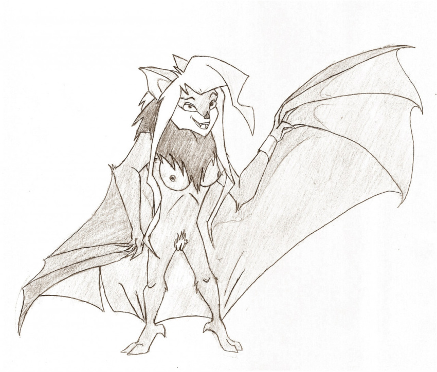 anthro bat_nose bat_wings breasts chiropteran eyegis-garr female mammal marina_brightwing membrane_(anatomy) membranous_wings monochrome neck_tuft nude shaded silverwing_(series) simple_shading sketch solo tuft wings