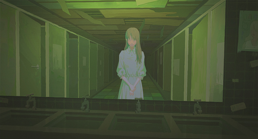 1girl abduction animated animated_gif bangs bathroom blonde_hair buttons collared_dress door dress faceless facing_viewer ghost_hands giant_hand grabbing green_theme hand_on_own_wrist horror_(theme) indoors long_hair mirror original own_hands_clasped own_hands_together puffy_sleeves sink size_difference solo standing tile_wall tiles upper_body vanishing_point white_dress wujing_f