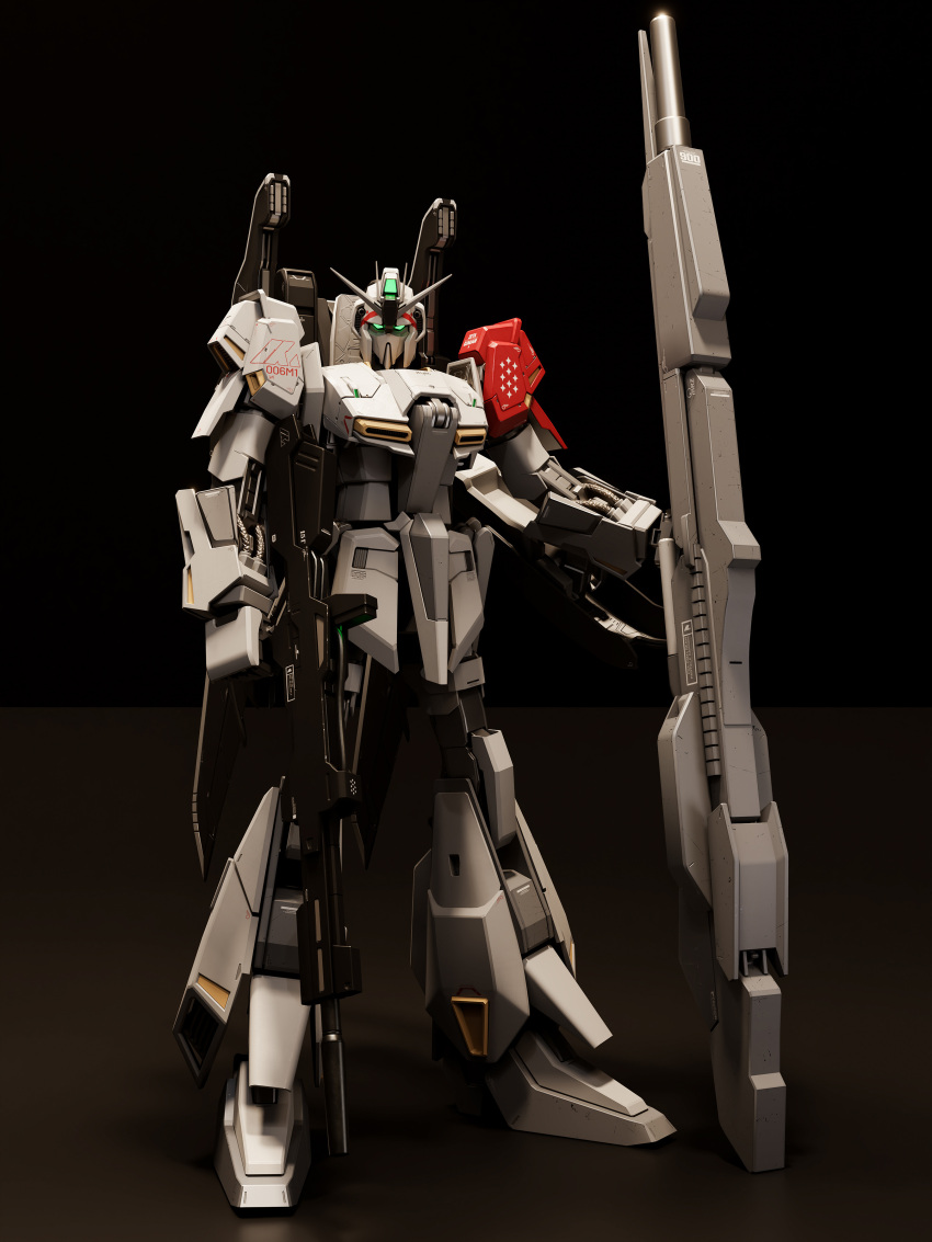 3d absurdres beam_rifle black_background blender_(medium) cannon concept_art energy_gun energy_weapon english_commentary glowing glowing_eyes green_eyes gundam highres looking_at_viewer mecha mjeff mobile_suit no_humans realistic robot science_fiction shield weapon zeta_gundam zeta_gundam_(mobile_suit)