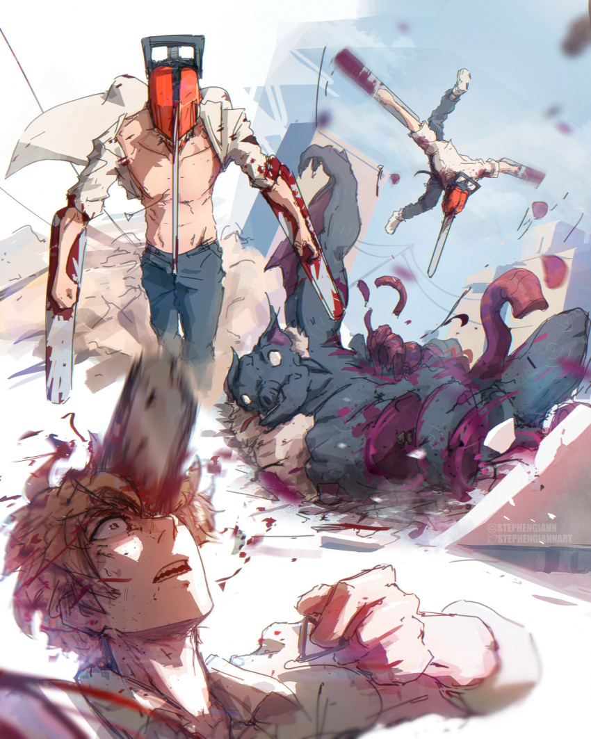 2boys absurdres bat_devil_(chainsaw_man) blonde_hair blood blood_on_clothes blood_on_face blood_splatter blood_spray blue_sky chainsaw chainsaw_man denji_(chainsaw_man) empty_eyes highres instagram_username intestines midair multiple_boys open_clothes organs sharp_teeth shirt short_hair sky sleeves_rolled_up stephengiannart stylized_blood teeth transformation twitter_username white_background white_shirt