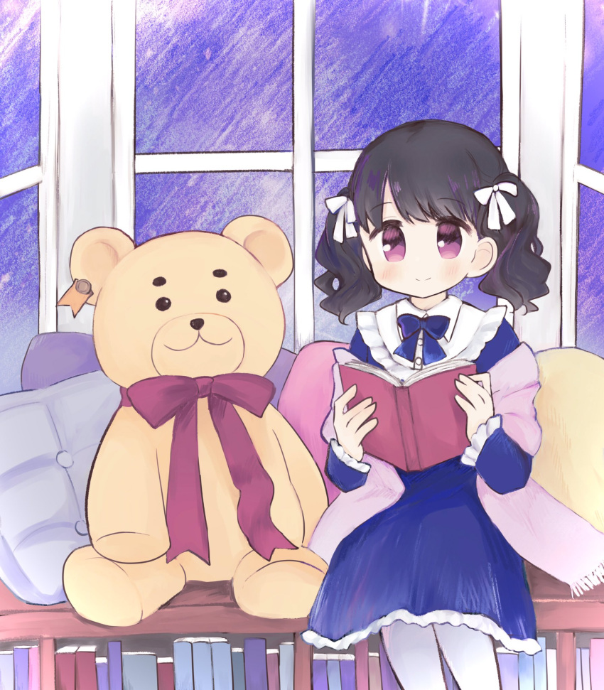 1girl bangs black_hair blue_dress book bow bowtie commentary_request dress fukumaru_koito hair_ribbon highres idolmaster idolmaster_shiny_colors indoors long_sleeves migirinano pantyhose purple_eyes reading ribbon shawl sitting solo stuffed_animal stuffed_toy swept_bangs teddy_bear twintails