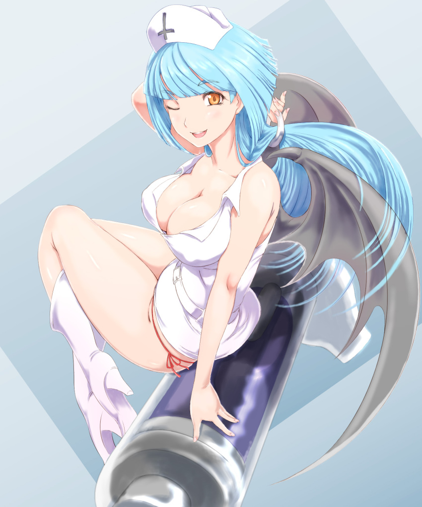 1girl blue_hair boots breasts castlevania castlevania:_portrait_of_ruin cleavage demon_wings hat highres kous_(onetwojustice) large_syringe legs long_hair looking_at_viewer monster_girl nurse_cap nyx_(castlevania) one_eye_closed open_mouth orange_eyes oversized_object panties red_panties shirt side-tie_panties sitting solo syringe teeth underwear upper_teeth white_footwear white_shirt wings