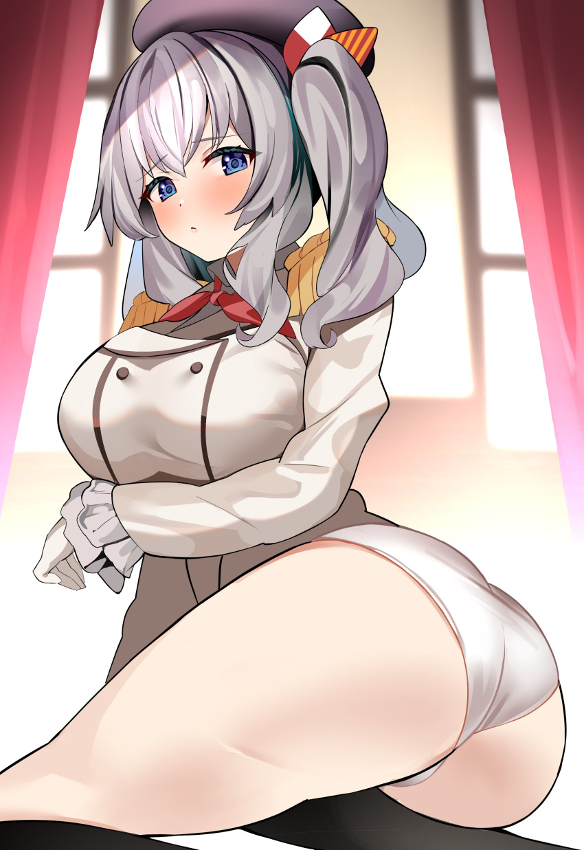 1girl absurdres ass beret black_socks blue_eyes blue_headwear breasts choker closed_mouth embarrassed enishi96 grey_hair grey_shirt groin hat highres indoors jacket kantai_collection kashima_(kancolle) kneehighs large_breasts looking_at_viewer panties red_ribbon ribbon ribbon_choker shirt socks tight twintails underwear white_jacket white_panties wide_hips