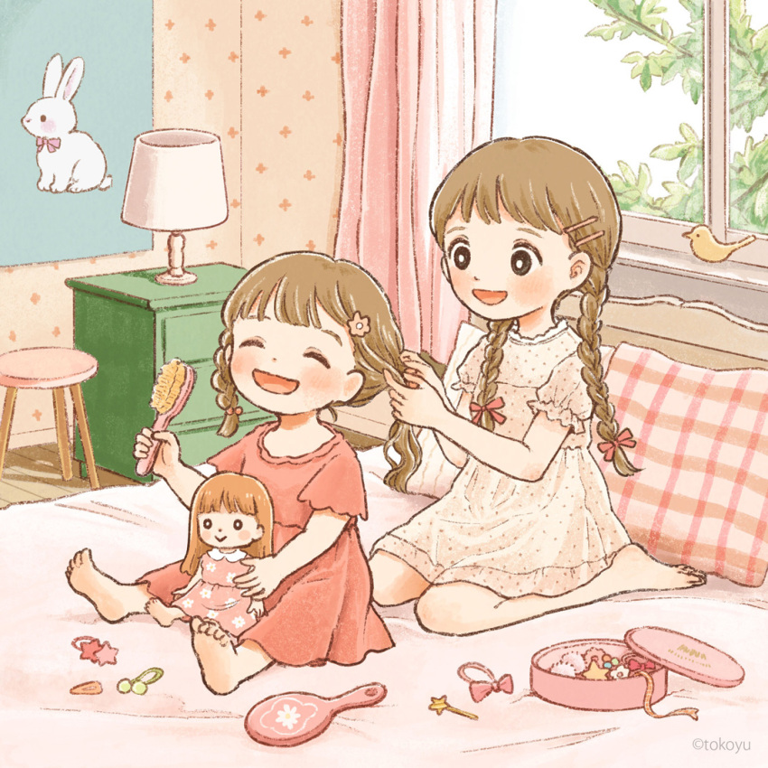 3girls :d adjusting_another's_hair animal bangs barefoot bed bedroom bird braid brown_eyes brown_hair brushing_hair chest_of_drawers child collar comb curtains day doll dress floral_print frilled_dress frills hair_bobbles hair_ornament hair_ornament_removed hairclip hairpin hand_mirror happy holding holding_comb holding_doll indoors lamp lampshade long_hair looking_at_another medium_hair mirror multiple_girls multiple_hairpins on_bed original pillow pink_curtains pink_dress pink_ribbon plant puffy_short_sleeves puffy_sleeves rabbit red_dress ribbon short_sleeves single_braid sitting skylight smile star_(symbol) star_hair_ornament stool tokoyu twin_braids twintails two-tone_dress wallpaper_(object) wariza white_collar window wooden_stool