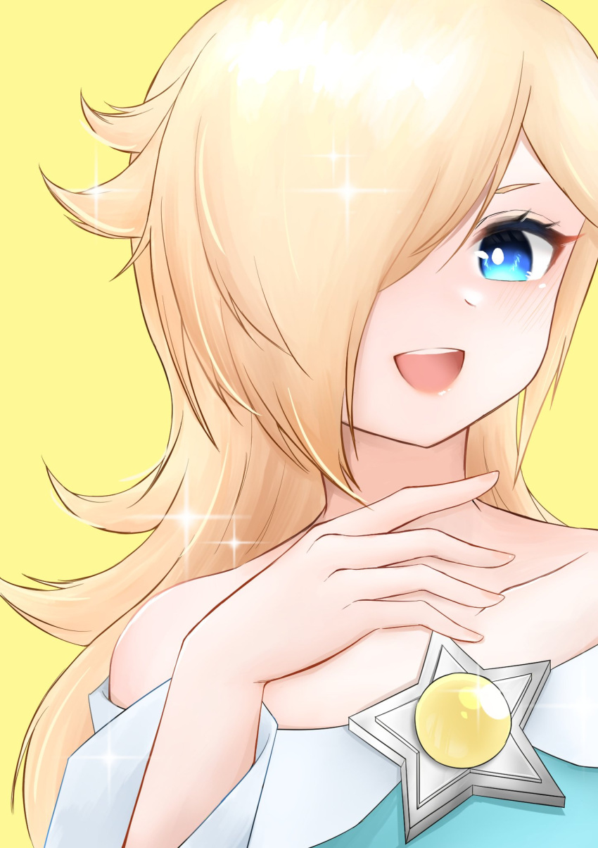 1girl bare_shoulders blonde_hair blue_eyes closed_mouth earrings hair_over_one_eye highres jewelry long_sleeves looking_at_viewer mario_(series) medium_hair rosalina simple_background smile solo star_(symbol) star_earrings super_mario_galaxy super_mario_galaxy_2 tomatomiya upper_body white_background