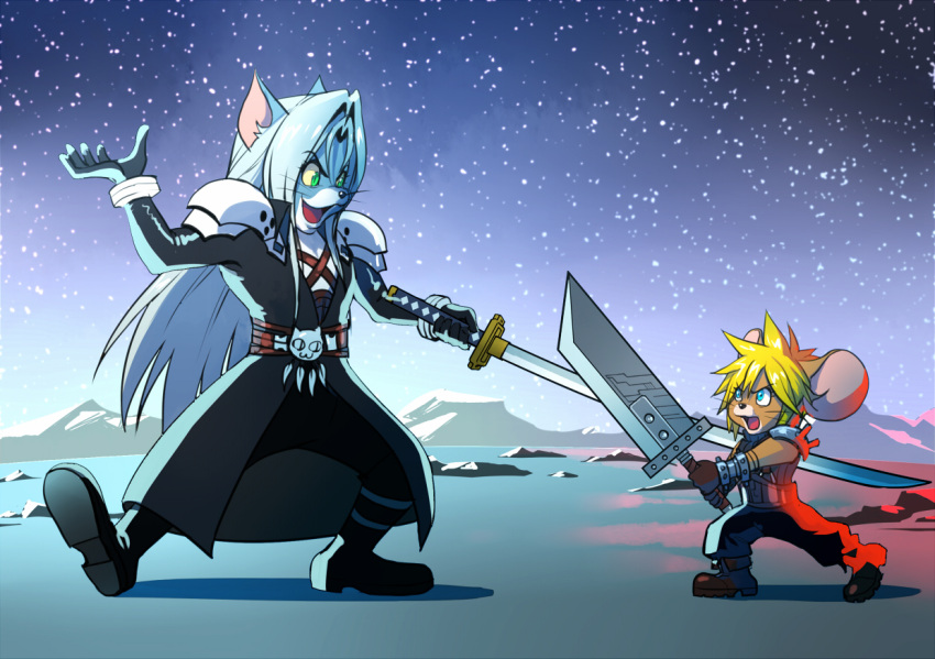 animal_ears aqua_eyes armor baggy_pants bangs black_footwear black_gloves black_jacket black_pants blonde_hair blue_pants blue_shirt boots buster_sword cat_ears chest_strap cloud_strife cloud_strife_(cosplay) cosplay eilinna fighting_stance final_fantasy final_fantasy_vii final_fantasy_vii_remake full_body gloves grey_hair holding holding_sword holding_weapon jacket jerry_(tom_and_jerry) kemonomimi_mode long_bangs long_hair long_jacket long_sleeves looking_at_another masamune_(ff7) mouse mouse_ears open_mouth pants parted_bangs sephiroth sephiroth_(cosplay) shirt short_hair shoulder_armor sky sleeveless sleeveless_turtleneck smile space spiked_hair star_(sky) starry_sky sword tom_(tom_and_jerry) tom_and_jerry turtleneck weapon whiskers