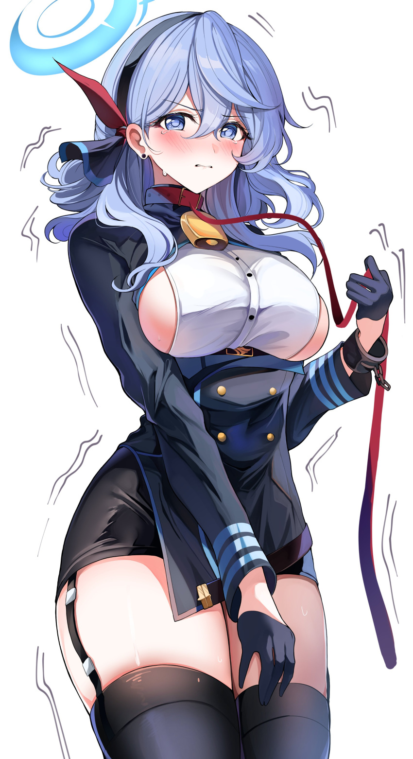 1girl absurdres ako_(blue_archive) bangs bell black_skirt black_thighhighs blue_archive blue_eyes blue_hair blue_jacket blush breasts clipboard collar garter_straps gloves hair_between_eyes hairband half_gloves halo highres implied_vibrator jacket large_breasts long_hair long_sleeves looking_at_viewer neck_bell sak_(lemondisk) sideboob skirt solo thighhighs thighs