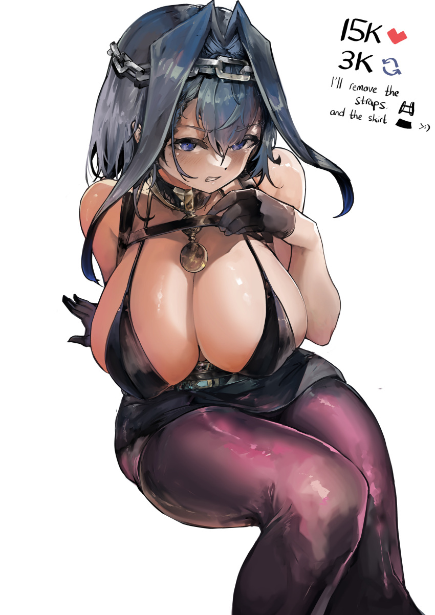 1girl absurdres arm_support bangs bare_shoulders bikini black_bikini black_gloves blue_eyes blue_hair breasts chain_headband clenched_teeth gloves hair_between_eyes hair_intakes highres hololive hololive_english large_breasts miniskirt ouro_kronii pantyhose short_hair sidelocks sitting skirt swimsuit teeth virtual_youtuber vyragami white_background