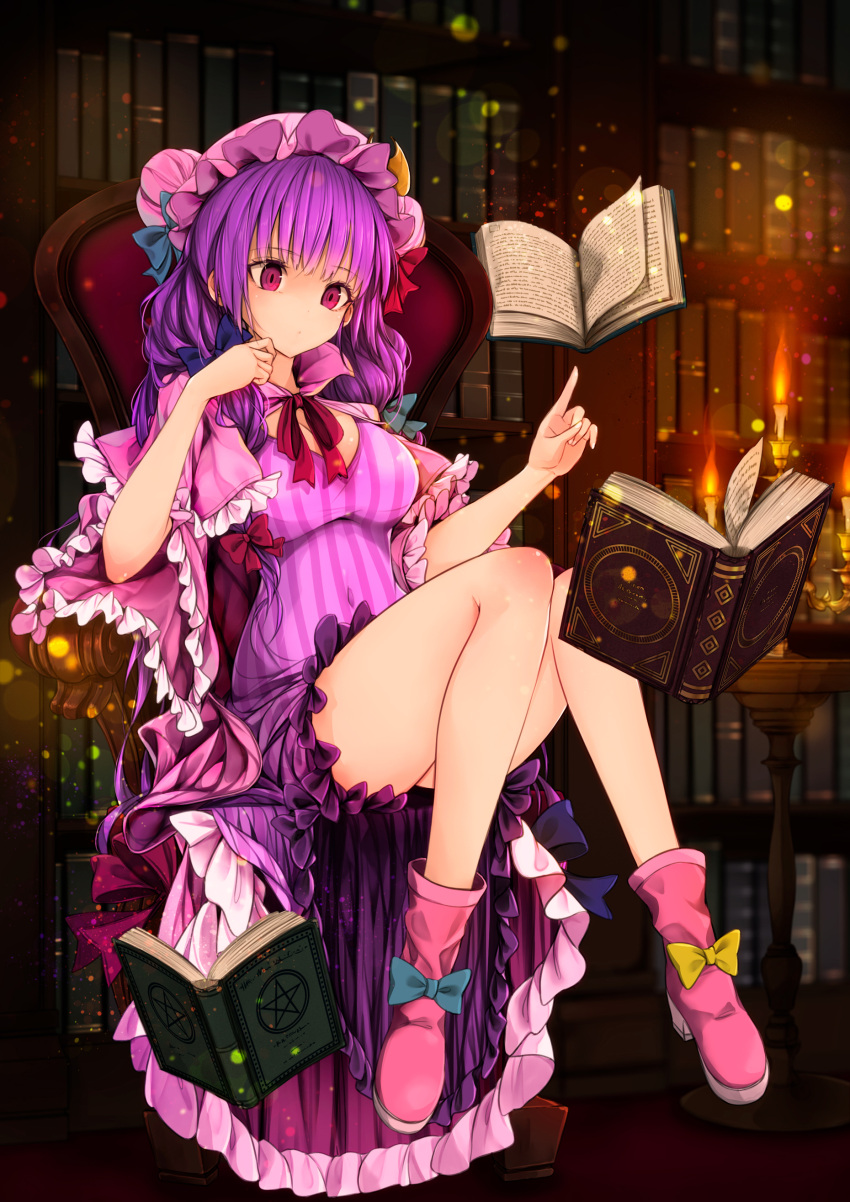 .sin 1girl absurdres bangs blunt_bangs book bow bowtie breasts bun_cover commentary_request double_bun dress hair_bun hat highres large_breasts long_sleeves mob_cap neck_ribbon patchouli_knowledge purple_dress purple_eyes purple_hair purple_headwear red_bow red_bowtie red_ribbon ribbon solo striped striped_dress touhou vertical-striped_dress vertical_stripes wide_sleeves