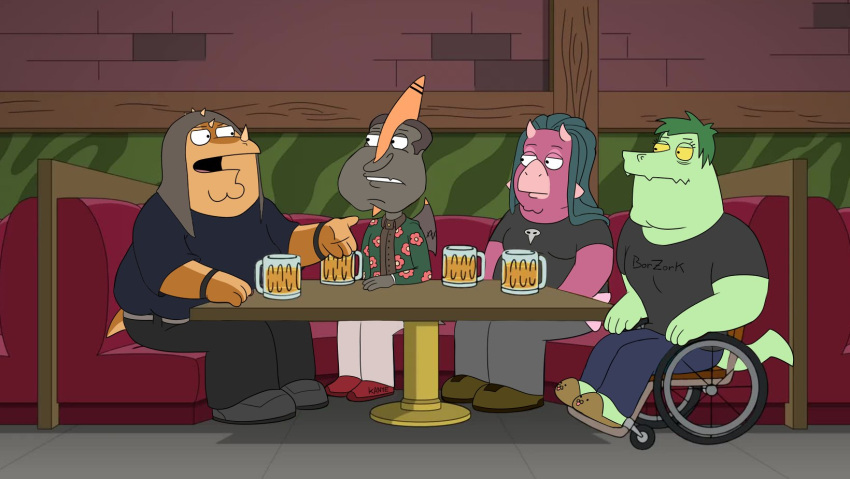 alcohol alligator alligatorid anthro babs_(gvh) beer beverage clothed clothing container crocodilian cup dinosaur dreadlocks drinking family_guy female goodbye_volcano_high green_body green_hair grey_body group hair hi_res horn humor long_hair male multicolored_body naser_(gvh) nathan_(gvh) nrool olivia_(snoot_game) orange_body pink_body reptile scalie sitting snoot_game_(fan_game) two_tone_body wheelchair wings yellow_sclera