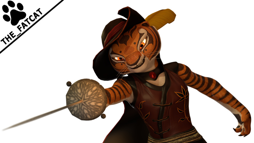 anthro blender_(software) cape clothed clothing digital_media_(artwork) dreamworks felid feline female fur hat headgear headwear hi_res kung_fu_panda mammal master_tigress melee_weapon pantherine rapier smile solo sword the_fatcat tiger weapon