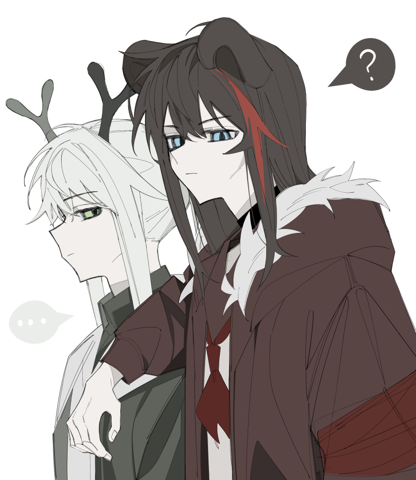 ... 2girls ? absurdres antlers arknights arm_on_shoulder bangs black_hair blue_eyes brown_jacket closed_mouth firewatch_(arknights) fur-trimmed_hood fur_trim green_eyes green_shirt grey_hair hair_between_eyes highres hood hood_down hooded_jacket jacket lihuashuangxiang long_hair multicolored_hair multiple_girls neckerchief ponytail red_hair red_neckerchief shirt simple_background spoken_ellipsis spoken_question_mark streaked_hair upper_body white_background white_shirt zima_(arknights)