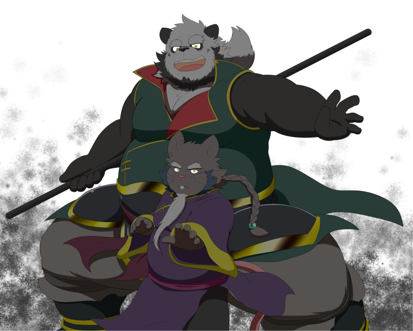anthro aosano_tenpura asian_clothing beard clothing duo east_asian_clothing facial_hair giant_panda hi_res japanese_clothing japanese_text kimono looking_at_viewer male male/male mammal mature_male murid murine old overweight overweight_male rat rodent size_difference smile text translated ursid weapon white_beard