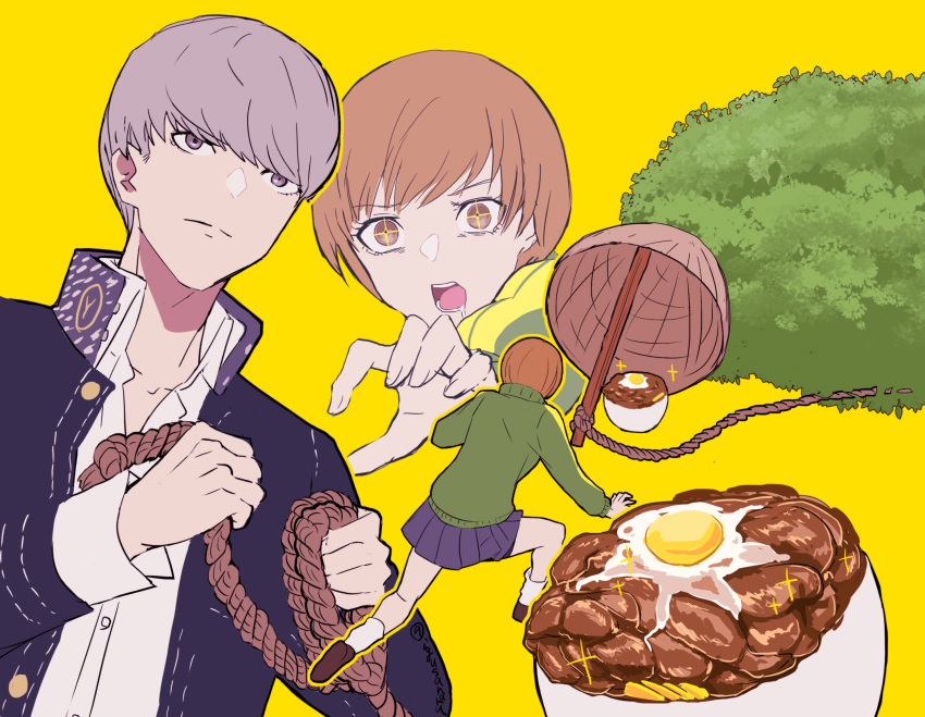 1boy 1girl bowl brown_hair bush drooling drop_trap food fried_egg grey_hair gyuudon highres igusaharu meat narukami_yuu open_mouth persona persona_4 rope satonaka_chie school_uniform short_hair sparkle yasogami_school_uniform