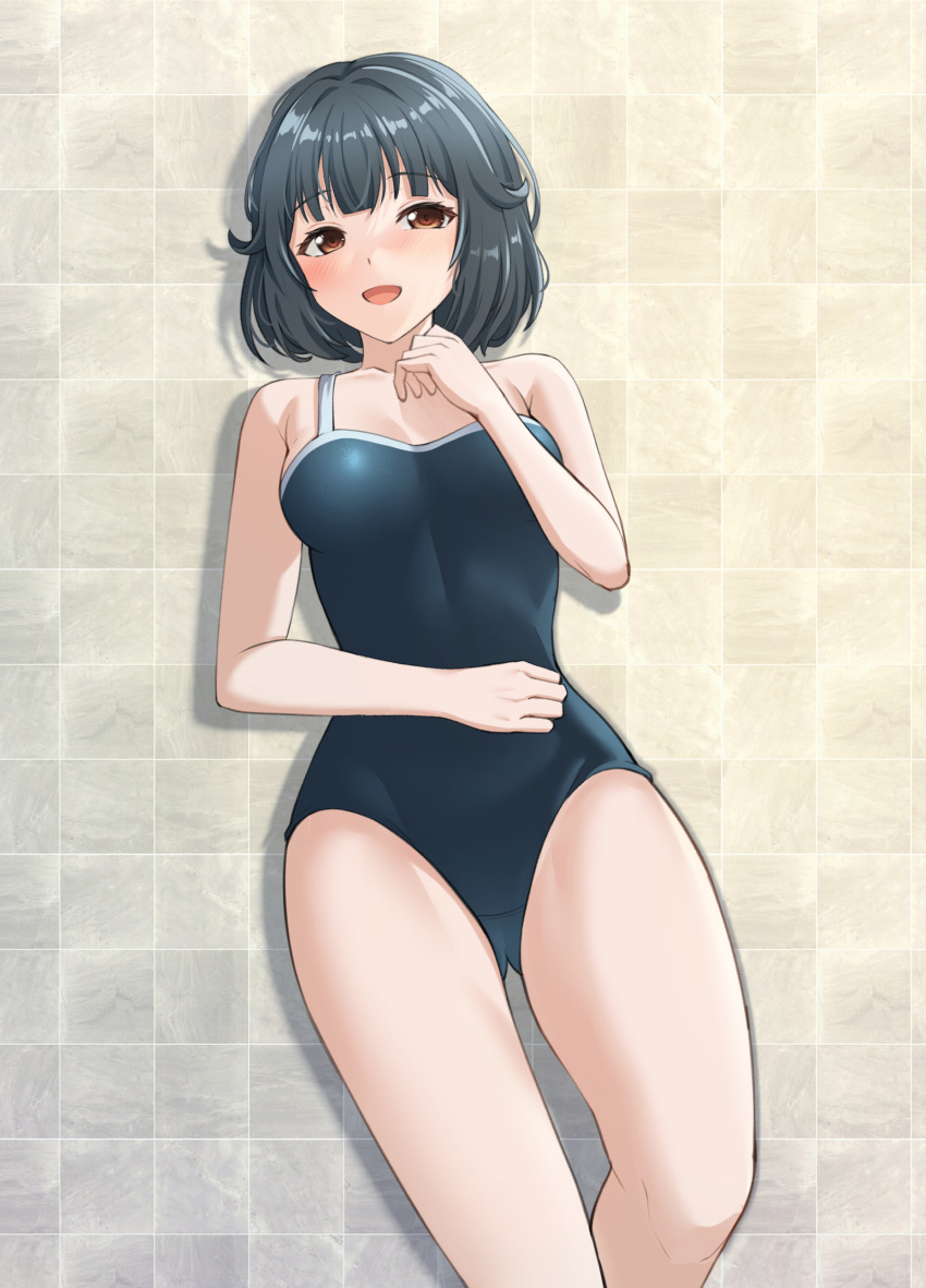 1girl :d absurdres armpit_crease bang_dream! bangs bare_arms bare_shoulders black_hair blue_one-piece_swimsuit blunt_bangs blush breasts brown_hair collarbone commentary_request cowboy_shot hand_on_own_stomach hand_up highres indoors knee_up looking_at_viewer lying medium_breasts on_back on_floor open_mouth ptal school_swimsuit short_hair smile solo swimsuit tile_floor tiles ushigome_rimi