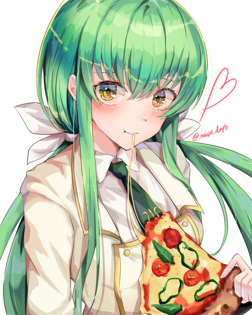 1girl :t absurdres ashford_academy_uniform bangs bow c.c. cheese_trail code_geass collared_shirt eating eyebrows_hidden_by_hair floating_hair food green_hair green_necktie hair_between_eyes hair_bow highres jacket long_hair low_twintails necktie pizza pizza_slice shiny shiny_hair shirt solo twintails twitter_username upper_body white_background white_bow white_jacket white_shirt wing_collar yellow_eyes yuunamida_uyu