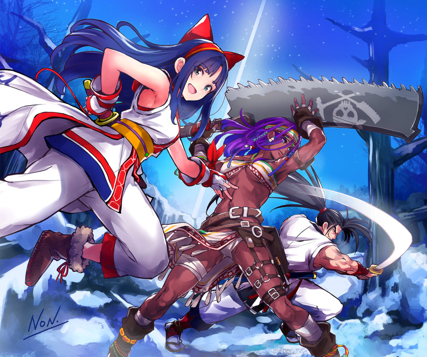 abs ainu ainu_clothes anchor_tattoo ankle_holster arm_pouch bandaged_fingers bandages beads belt biceps bird bow breasts dark-skinned_female dark_skin darli_dagger dreadlocks falcon hair_beads hair_ornament haoumaru hawk highres huge_weapon kujou_non large_breasts mamahaha multiple_belts muscular muscular_female muscular_male nakoruru navel red_bow reverse_grip samurai_spirits saw saw_cleaver short_sword shoulder_tattoo snk sword tattoo the_king_of_fighters the_king_of_fighters_xv thick_thighs thighs toned tool_belt tools very_dark_skin weapon