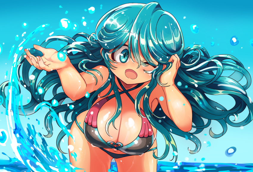 1girl :d bangs bikini blue_eyes blue_hair blush borokuro breasts cleavage hand_on_own_head highres large_breasts leaning_forward long_hair looking_at_viewer messy_hair navel ocean one_eye_closed open_mouth outdoors personification pokemon sky smile solo splashing swimsuit tangrowth very_long_hair water water_drop