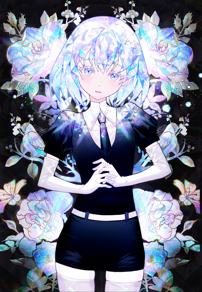 1other absurdres androgynous bangs crystal_hair diamond_(houseki_no_kuni) elbow_gloves flower gem gem_uniform_(houseki_no_kuni) gloves highres houseki_no_kuni leaf looking_at_viewer multicolored_hair necktie pazzi_(zzxh2354) rainbow_hair shirt short_hair short_sleeves shorts smile solo sparkle thighhighs white_gloves