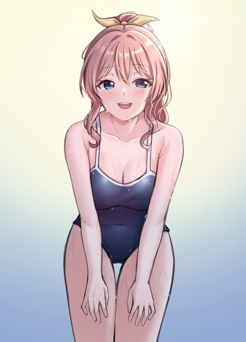 1girl :d absurdres armpit_crease bang_dream! bangs bare_arms bare_shoulders blue_background blue_eyes blue_one-piece_swimsuit blush breasts cleavage collarbone commentary_request covered_navel cowboy_shot hair_between_eyes hair_ribbon hands_on_own_thighs highres leaning_forward light_brown_hair looking_at_viewer medium_breasts medium_hair open_mouth ponytail ptal ribbon school_swimsuit sidelocks smile solo standing swimsuit teeth thigh_gap upper_teeth water_drop wet wet_clothes wet_hair wet_swimsuit yamabuki_saaya yellow_background yellow_ribbon