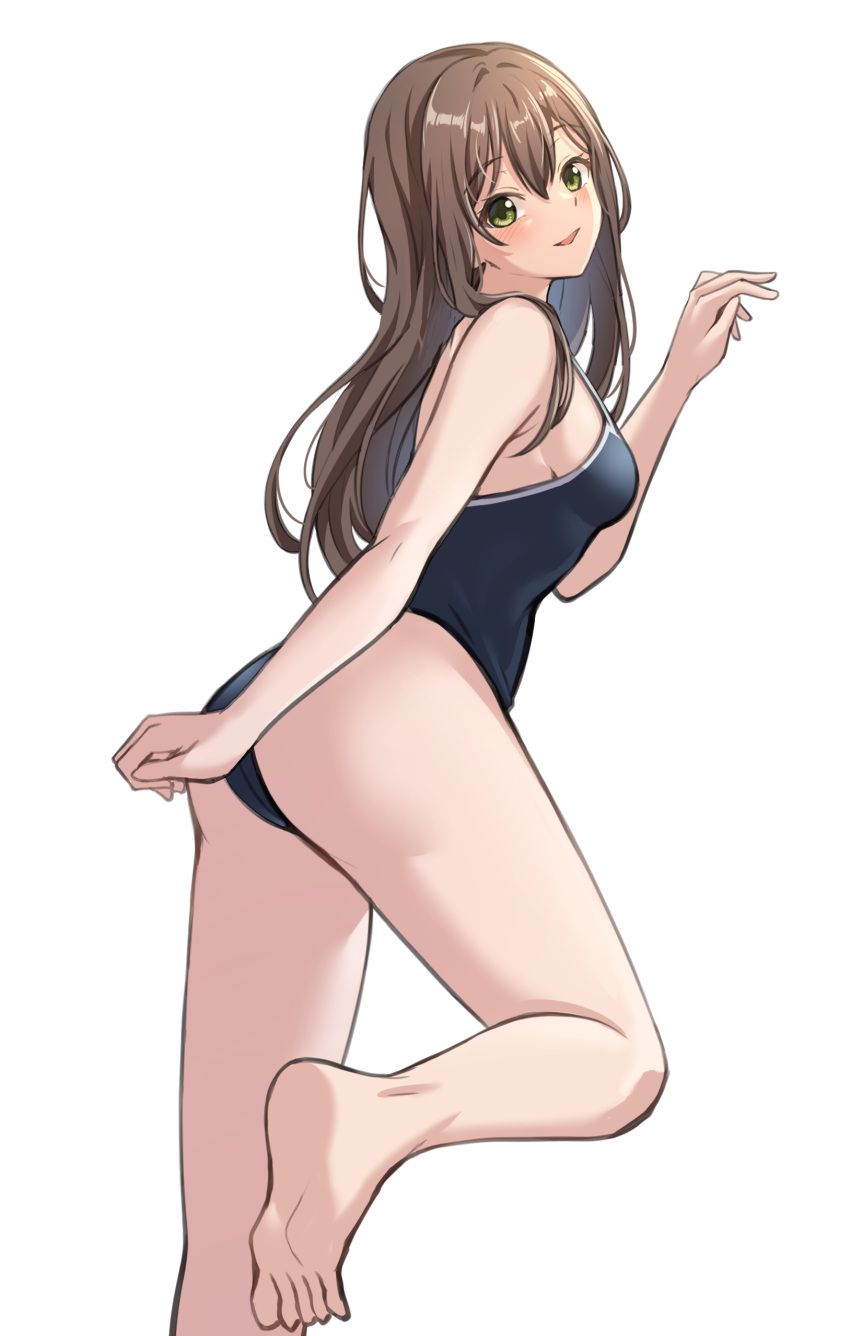 1girl absurdres ass bang_dream! bangs bare_arms bare_legs bare_shoulders barefoot blue_one-piece_swimsuit blush breasts brown_hair commentary_request foot_out_of_frame from_behind from_below green_eyes hair_between_eyes hanazono_tae hand_up highres leg_up long_hair looking_at_viewer looking_back medium_breasts parted_lips ptal school_swimsuit sideboob sidelocks simple_background smile soles solo standing standing_on_one_leg swimsuit white_background