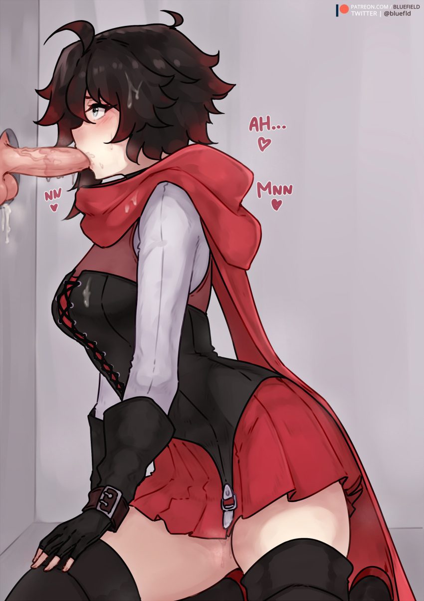 1boy 1girl black_gloves black_hair bluefield boots breasts cape corset erection fellatio fingerless_gloves from_side glory_hole gloves grey_eyes hetero highres kneeling oral penis red_cape red_skirt ruby_rose rwby shirt short_hair skirt solo_focus testicles thigh_boots white_shirt