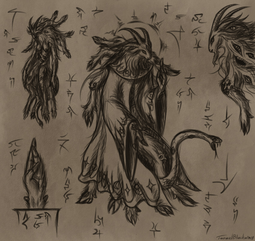 anthro baad'sotdarah_(taraelblackwing) beard bovid caprine caprine_demon clothed clothing crotch_tuft deity demon disembodied_hand eldritch_abomination eye_nipples facial_hair female fingers forked_tongue full-length_portrait glyphs goat goat_demon halo hi_res hooved_fingers hooves horn living_tail mammal monochrome multi_eye multi_head multi_limb nude portrait reptile robe scalie snake snake_tail solo taraelblackwing tongue tuft unusual_anatomy unusual_tail