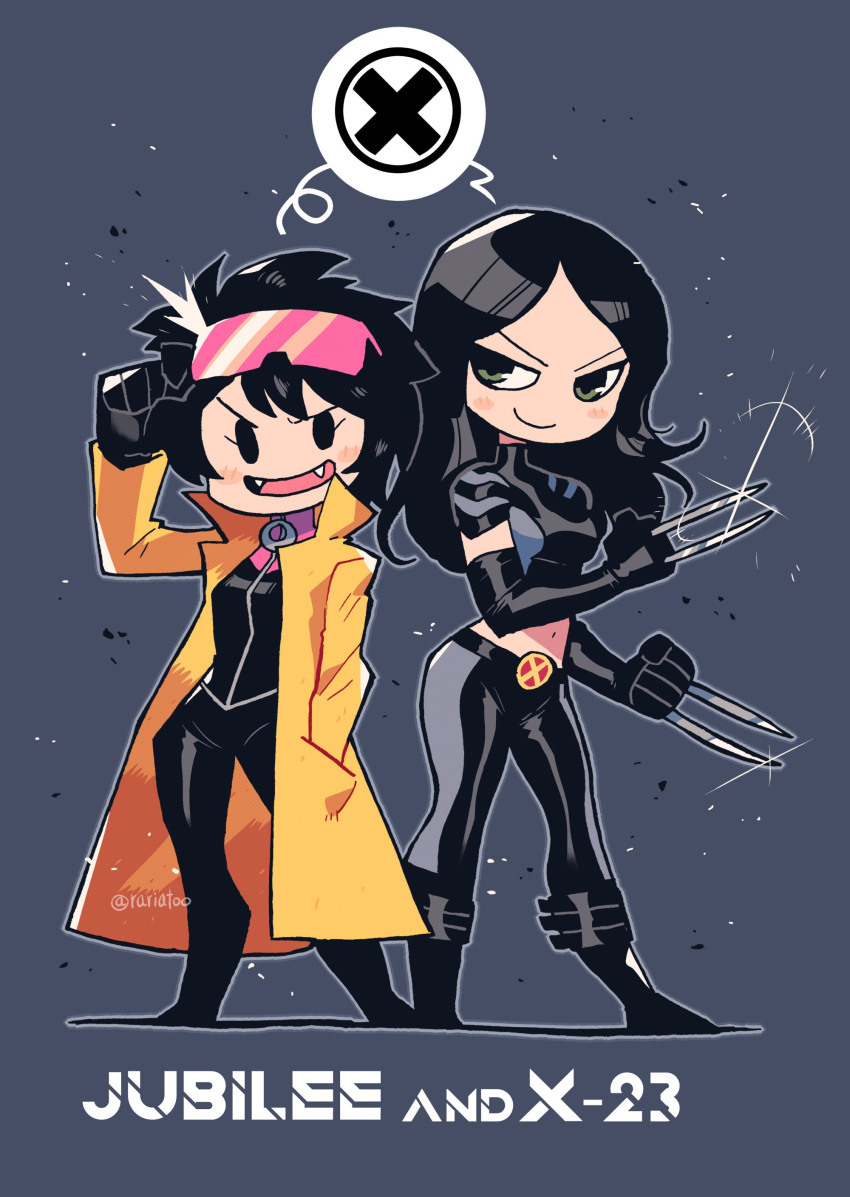 2girls absurdres belt black_gloves black_hair blush character_name claws closed_mouth coat elbow_gloves eyewear_on_head fangs full_body gloves highres jubilee marvel multiple_girls open_mouth rariatto_(ganguri) short_hair smile solid_oval_eyes standing x-23 x-men yellow_coat