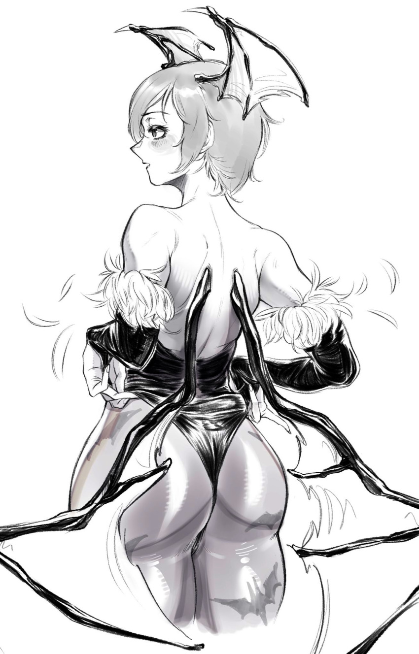 adjusting_clothes aeyga ass back bat_wings bridal_gauntlets demon_girl head_wings highres huge_ass leotard lilith_aensland looking_to_the_side monochrome short_hair sketch vampire_(game) wings
