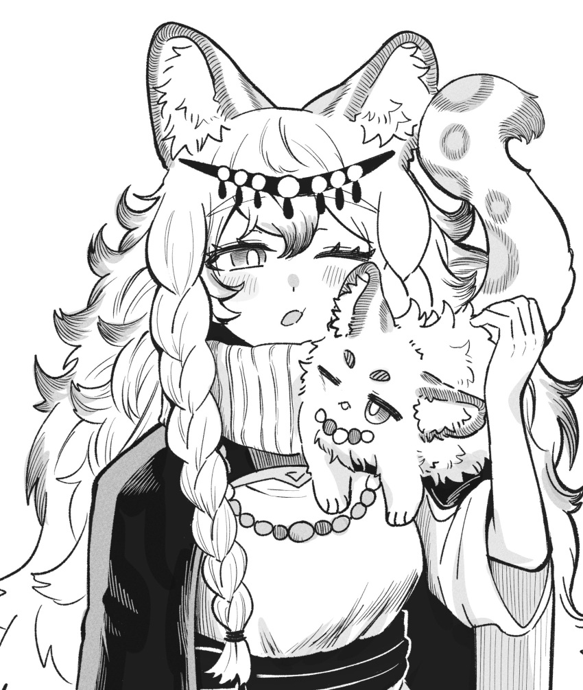 1girl animal animal_ear_fluff animal_ears arknights bangs bokiboki333 commentary_request greyscale hair_between_eyes highres leopard leopard_ears long_hair monochrome one_eye_closed parted_lips pramanix_(arknights) simple_background solo sweater turtleneck turtleneck_sweater upper_body white_background