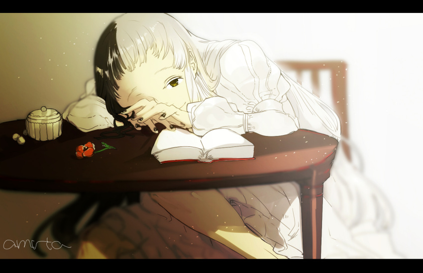 1girl ami_(pixiv_fantasia) black_hair black_nails character_name day dress flower long_hair long_sleeves looking_at_viewer multicolored_hair onitobico pixiv_fantasia pixiv_fantasia_age_of_starlight sitting solo split-color_hair sunlight table white_dress white_hair