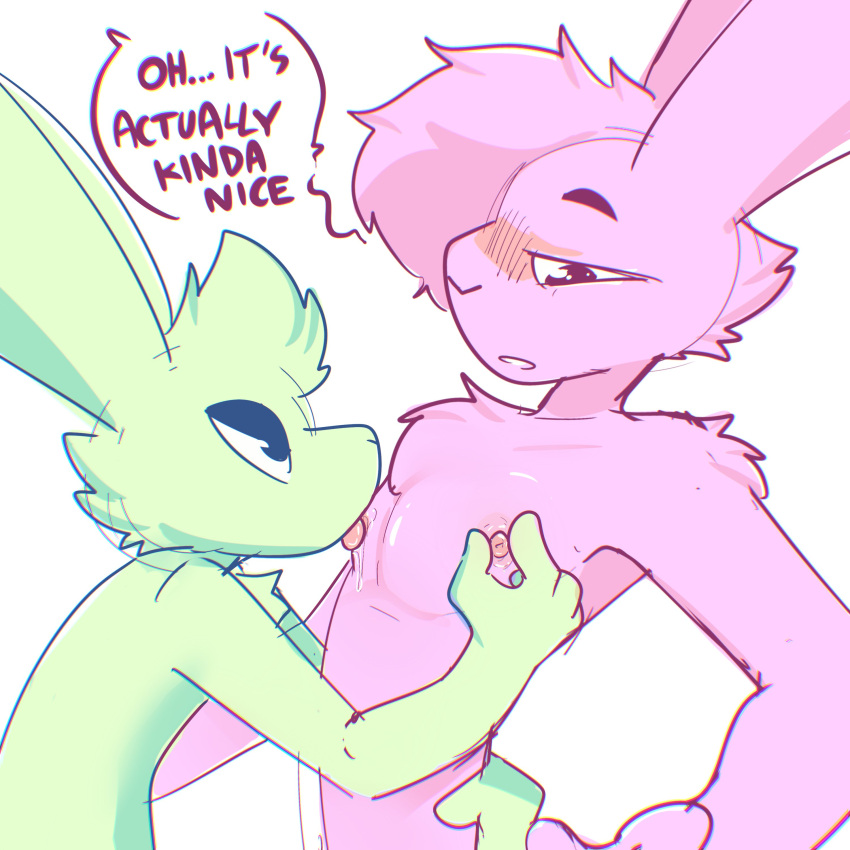 absurd_res anthro bedroom_eyes blush blush_lines cheek_tuft chest_tuft dialogue dialogue_box duo english_text facial_tuft fur green_body green_fur half-closed_eyes hi_res lagomorph leporid licking looking_pleasured male male/male mammal narrowed_eyes nipple_fetish nipple_lick nipple_pinch nipple_play nipples open_mouth pinch pink_body pink_fur rabbit seductive shoulder_tuft simple_background text the_xing1 tongue tongue_out tuft white_background