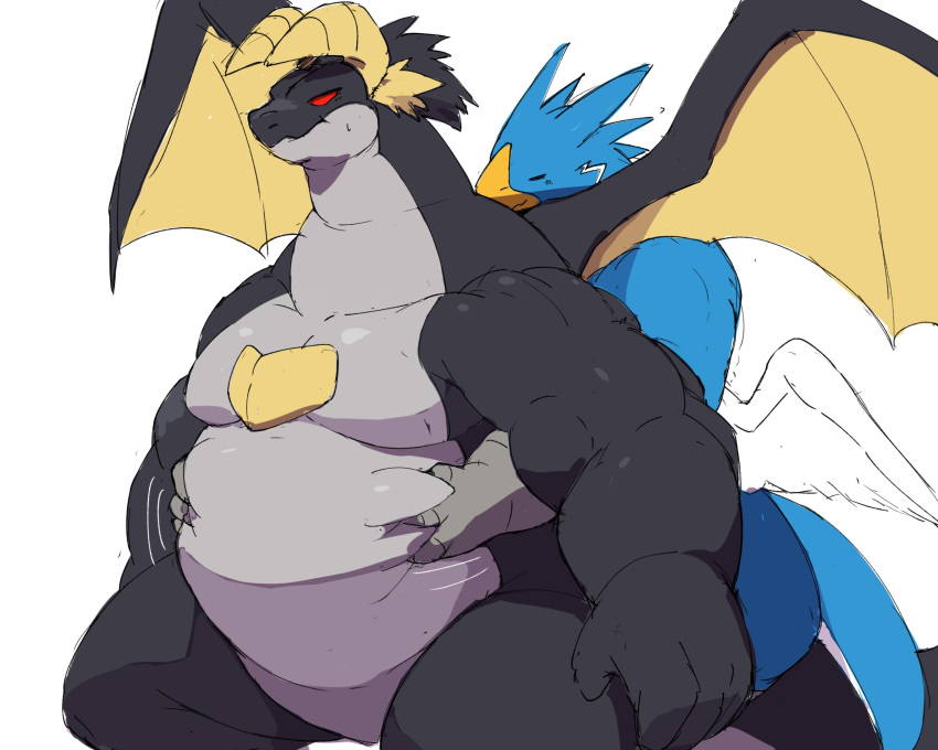 anthro belly big_belly claws dragon duo fingers grabbing_chest grey_belly grey_tail hi_res hyper hyper_belly male morbidly_obese muscular muscular_male obese overweight overweight_anthro overweight_male simple_background white_background white_body wings yellow_claws zephy_03
