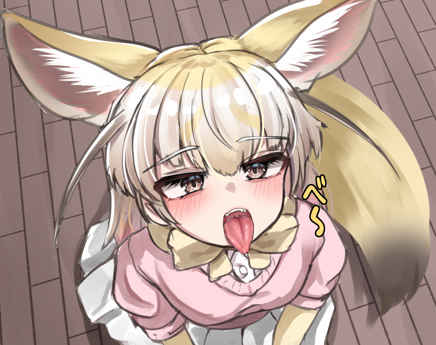 1girl absurdres animal_ear_fluff animal_ears bangs blonde_hair blush bow bowtie brown_eyes brown_hair buttons colored_eyelashes commentary_request darus5 elbow_gloves extra_ears fang fennec_(kemono_friends) fox_ears fox_girl fox_tail from_above gloves half-closed_eyes highres kemono_friends long_hair looking_up multicolored_hair open_mouth oral_invitation paid_reward_available pink_sweater pleated_skirt shirt short-sleeved_sweater short_sleeves sitting skirt solo sweater tail tongue tongue_out undershirt uvula white_hair white_skirt wooden_floor