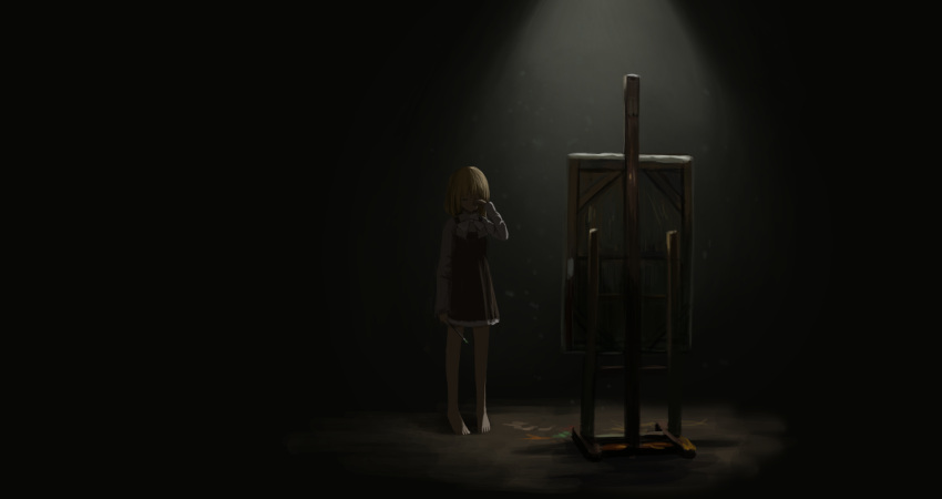 1girl bangs bare_legs barefoot black_background black_dress blonde_hair clenched_hand closed_eyes collared_shirt commentary crying dress easel english_commentary full_body highres holding holding_brush long_sleeves medium_hair original painting_(action) painting_(object) pleated_dress shirt solo tears toes white_shirt wiping_tears yurichtofen