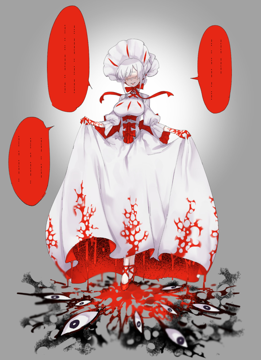 1girl blood blood_on_hands bow breasts closed_eyes cyclops dark_matter dress dripping high_heels highres kirby's_dream_land_3 kirby_(series) large_breasts magnesiumdance one-eyed personification red_bow red_footwear red_ribbon ribbon smile speech_bubble white_dress white_hair zero_(kirby)